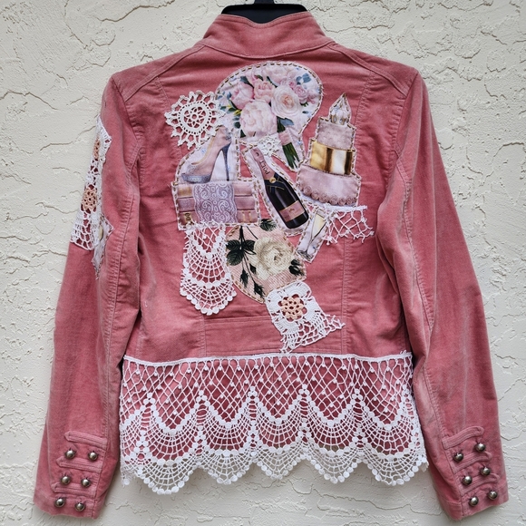 Velvet Edwardian Jacket Rose Patchwork Crochet Magnolia Champagne Vintage Lace - Picture 13 of 14